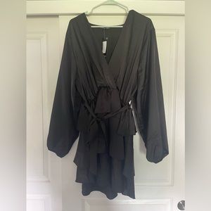 New Boohoo Black Ruffle Tie Dress